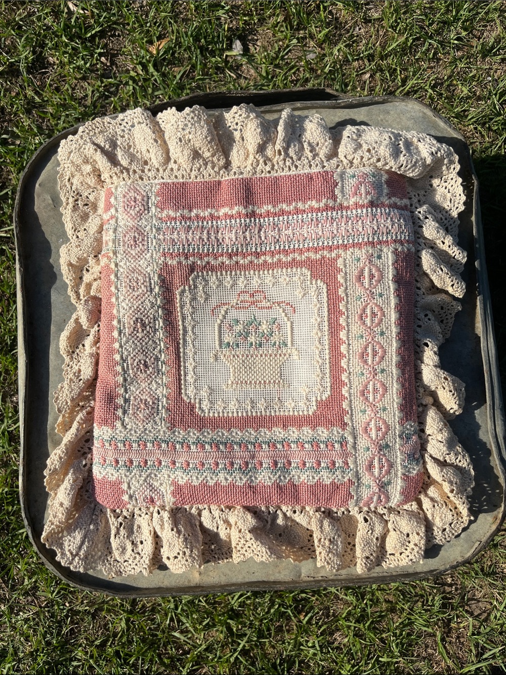 Handcrafted Pink and Cream Decorative Accent Pillow with Lace Ruffle